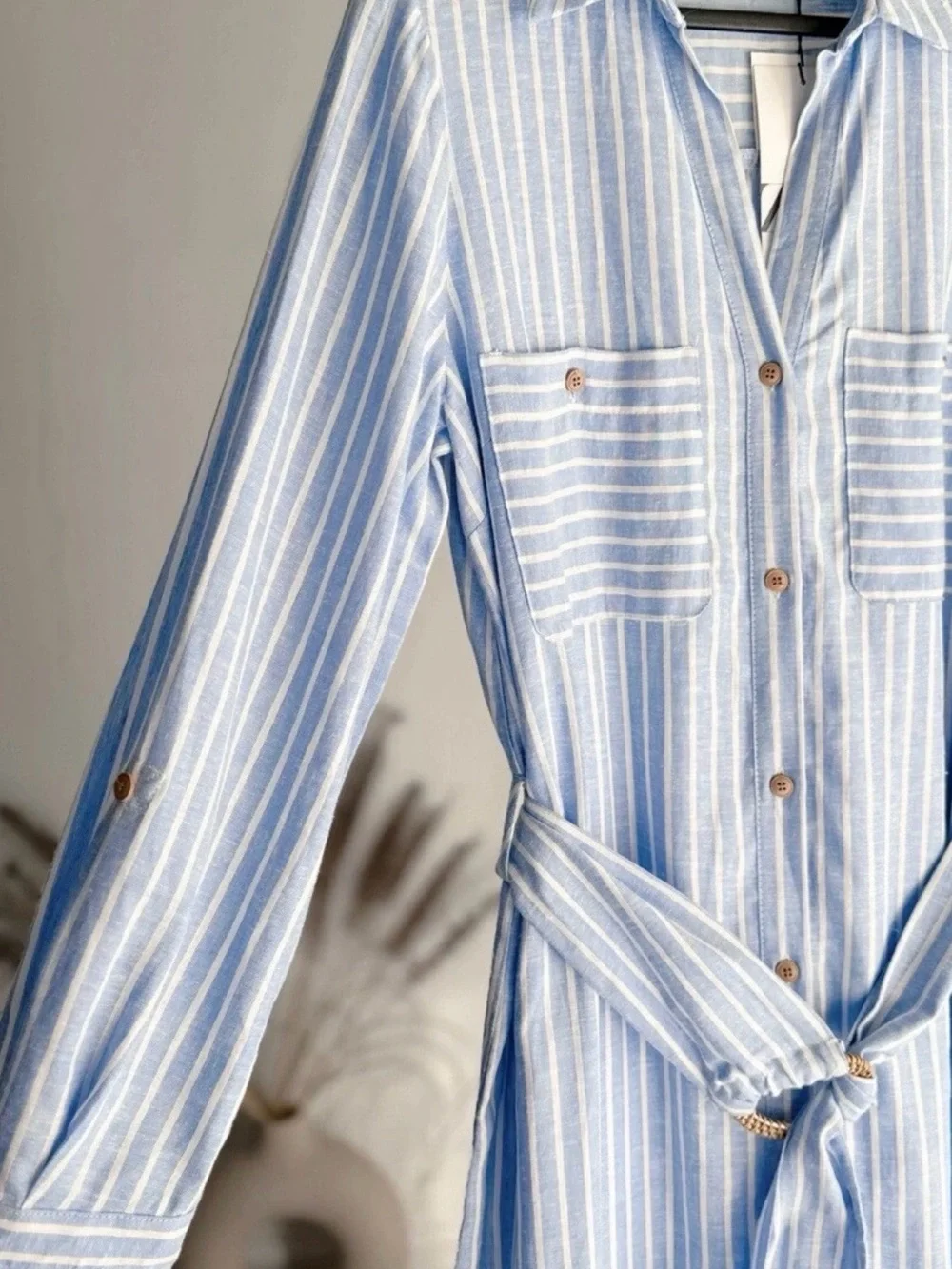 Zara Linen Blend Midi Shirt Dress Blue White Stripe Belted XS - Picture 3 of 8